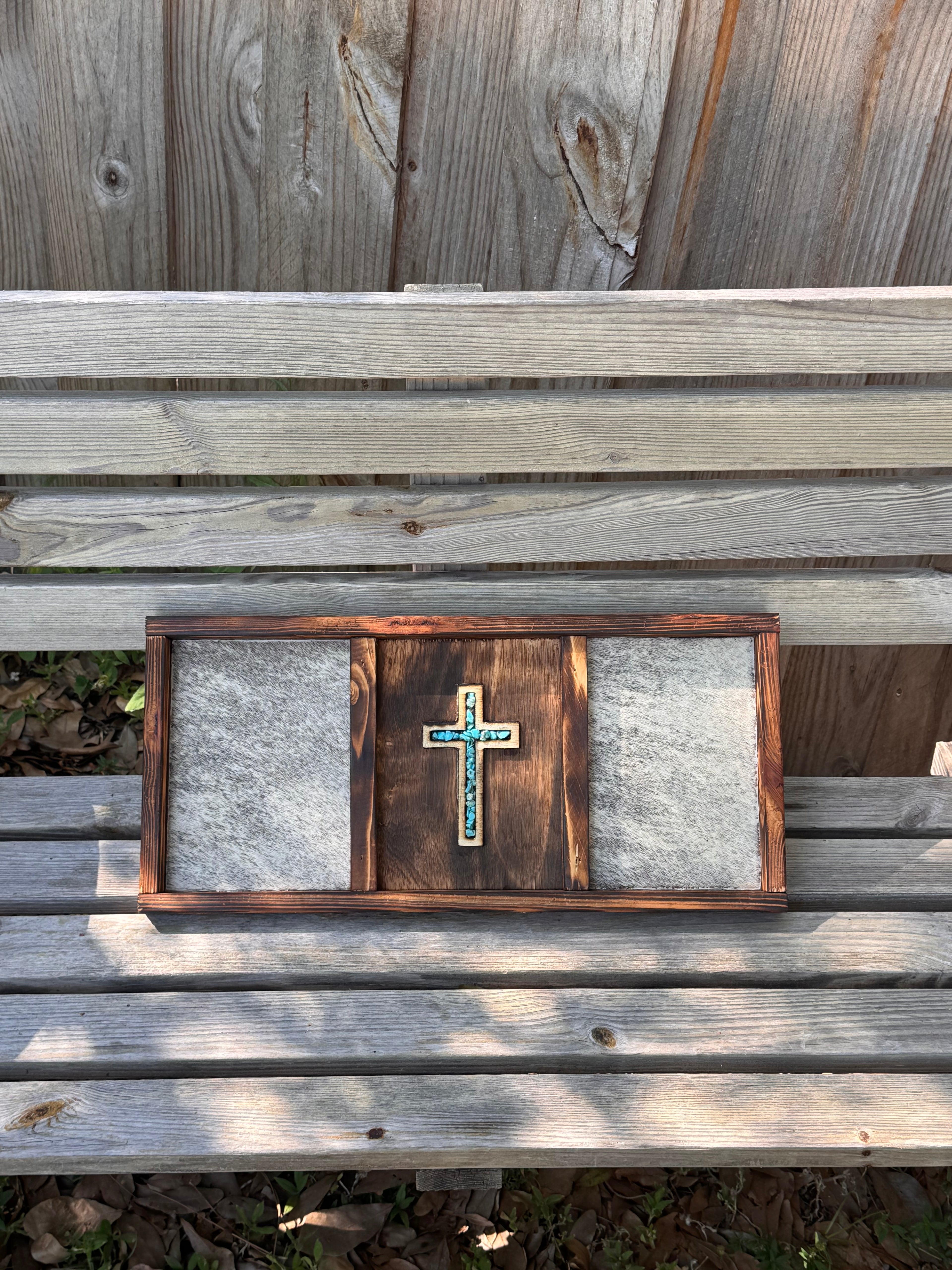 Turquoise Cross and Cowhide Sign / Western signs / Farmhouse decor / western home decor