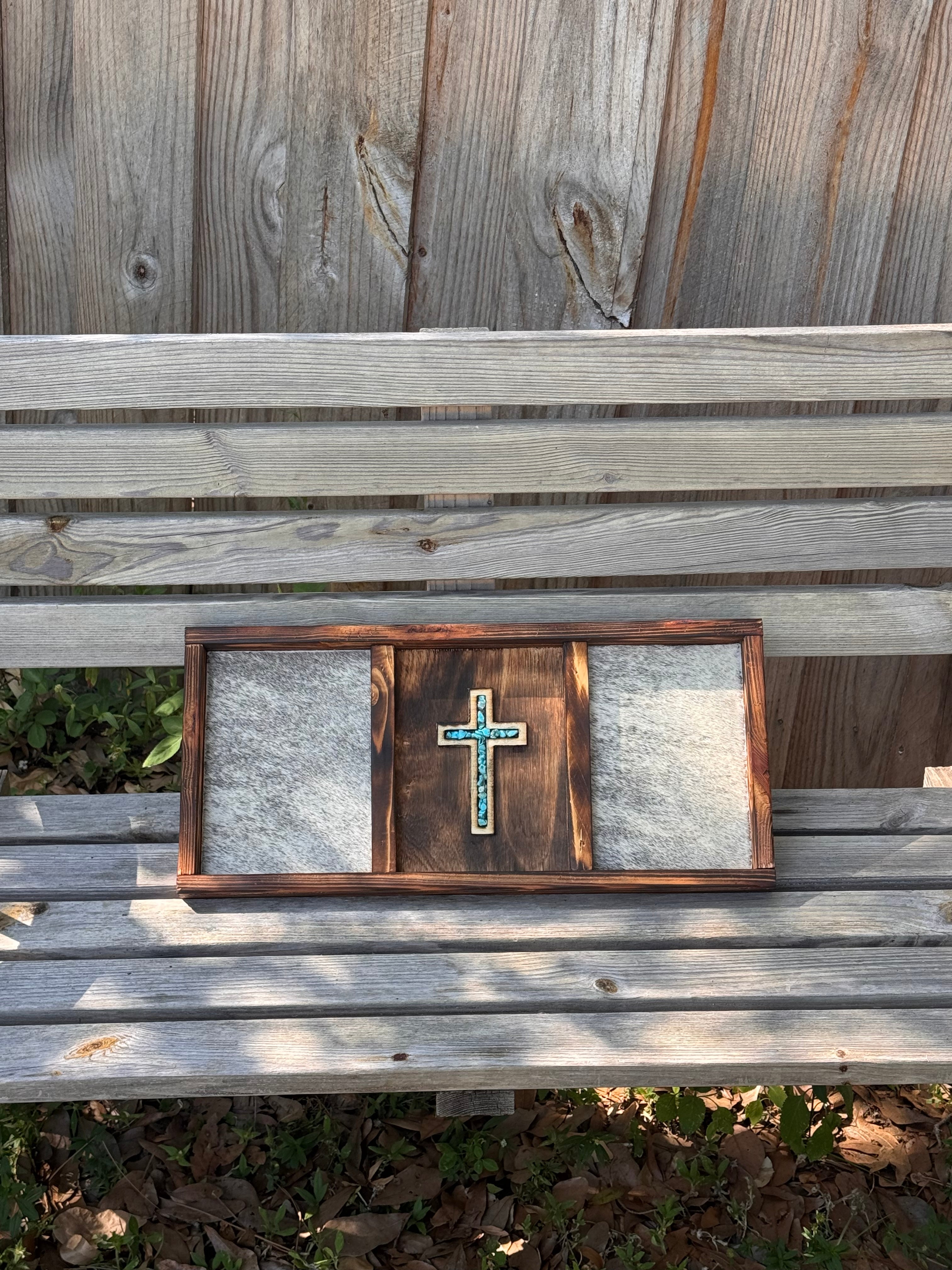 Turquoise Cross and Cowhide Sign / Western signs / Farmhouse decor / western home decor