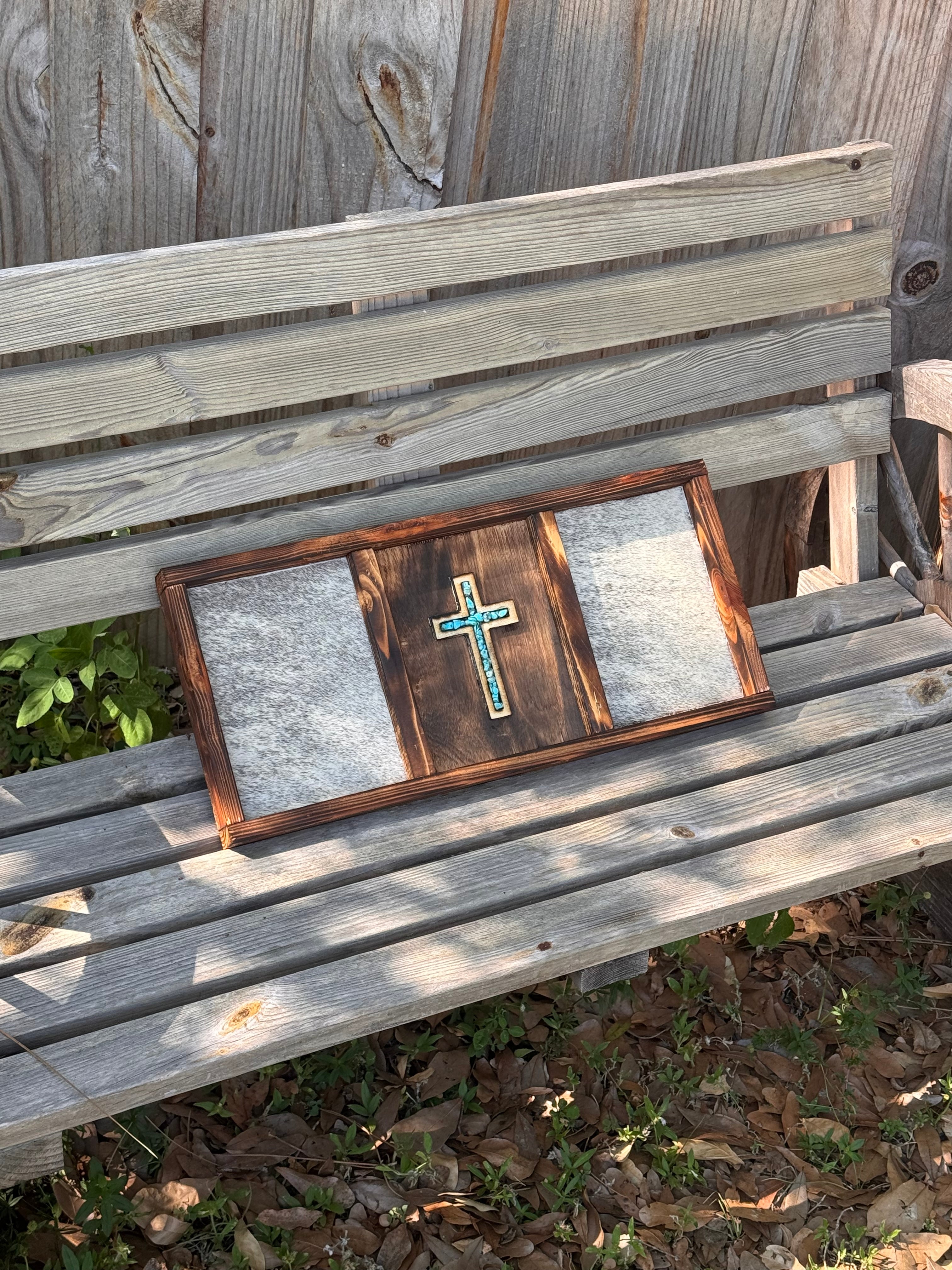 Turquoise Cross and Cowhide Sign / Western signs / Farmhouse decor / western home decor