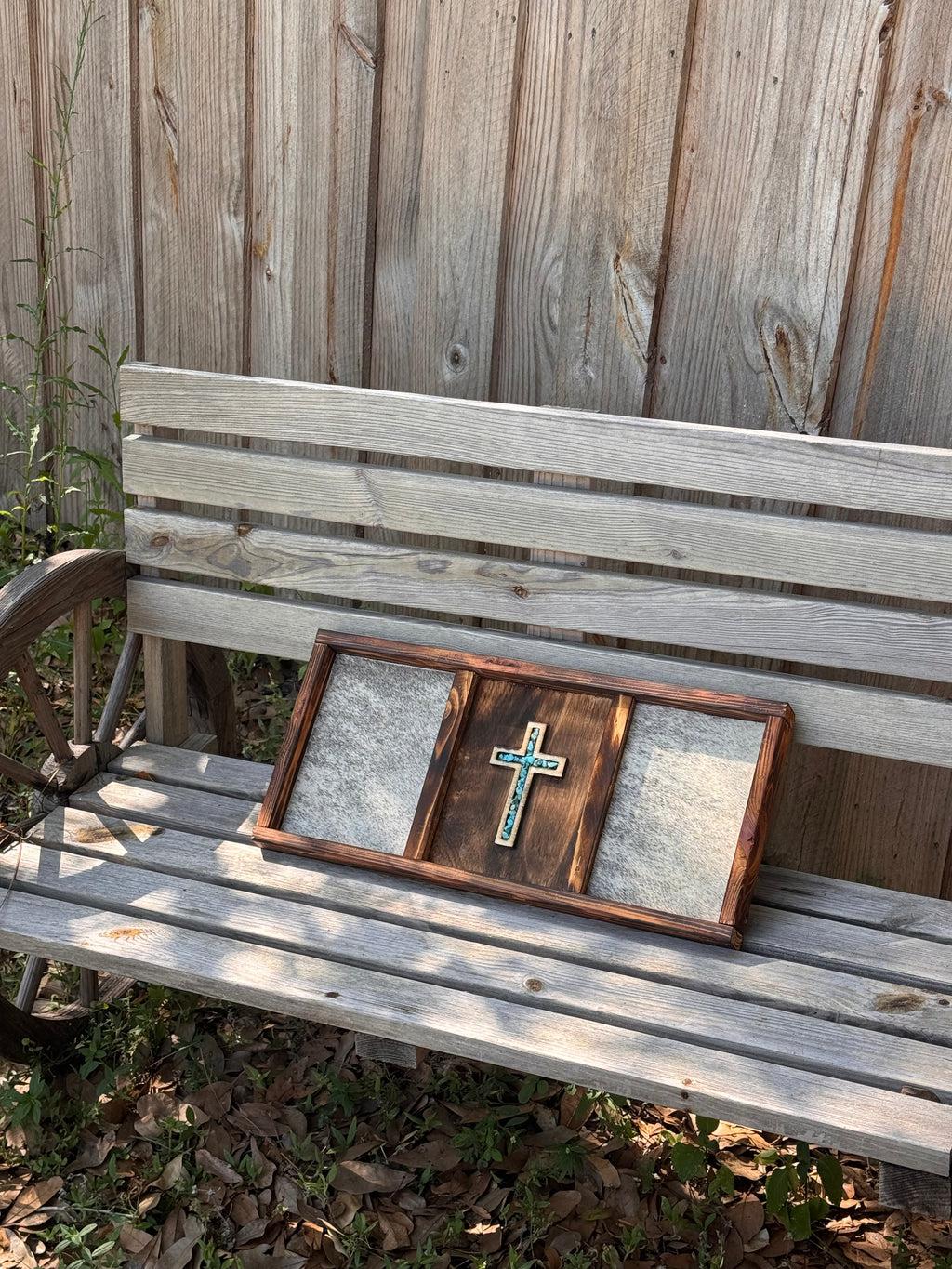 Turquoise Cross and Cowhide Sign / Western signs / Farmhouse decor / western home decor
